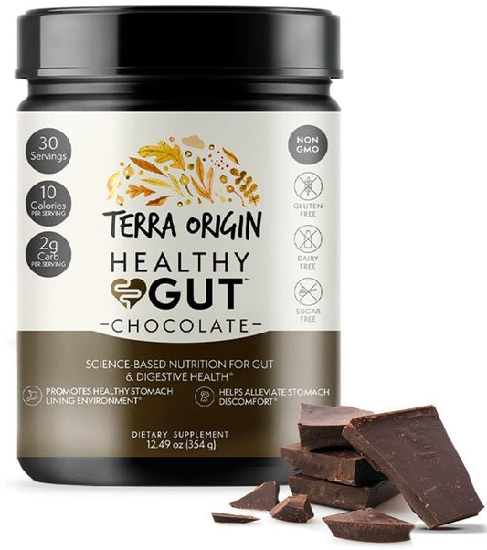 Terra Origin Healthy Gut Chocolate tub with scoop for convenient powder form