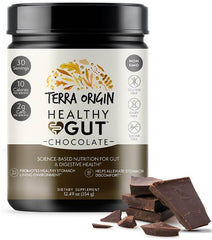 Terra Origin Healthy Gut Chocolate tub with scoop for convenient powder form