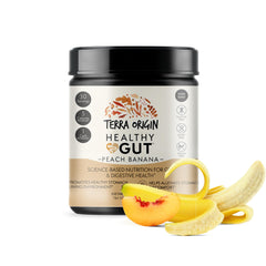 Terra Origin Healthy Gut Peach Banana powder tub for digestive support and everyday wellness.