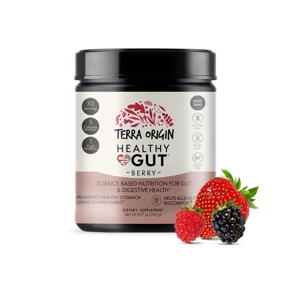Terra Origin Healthy Gut Powder berry flavor tub showing digestion support in daily routine