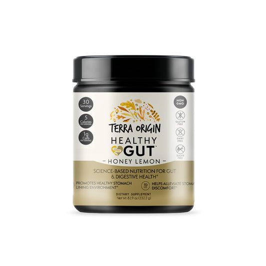 Terra Origin Healthy Gut Powder bottle shows honey lemon flavor for digestive comfort