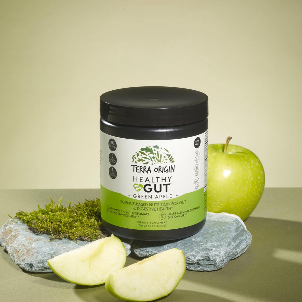 Terra Origin Healthy Gut powder dissolving in water for quick digestion support