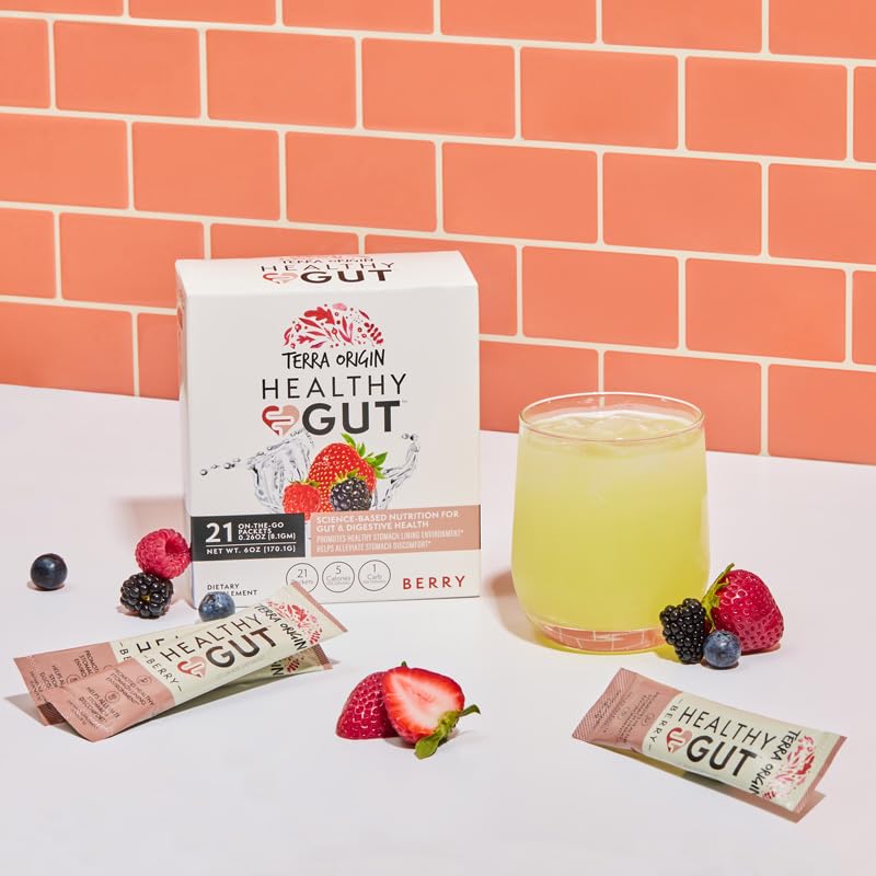 Berry flavor Terra Origin stick close-up illustrating convenient daily gut support.