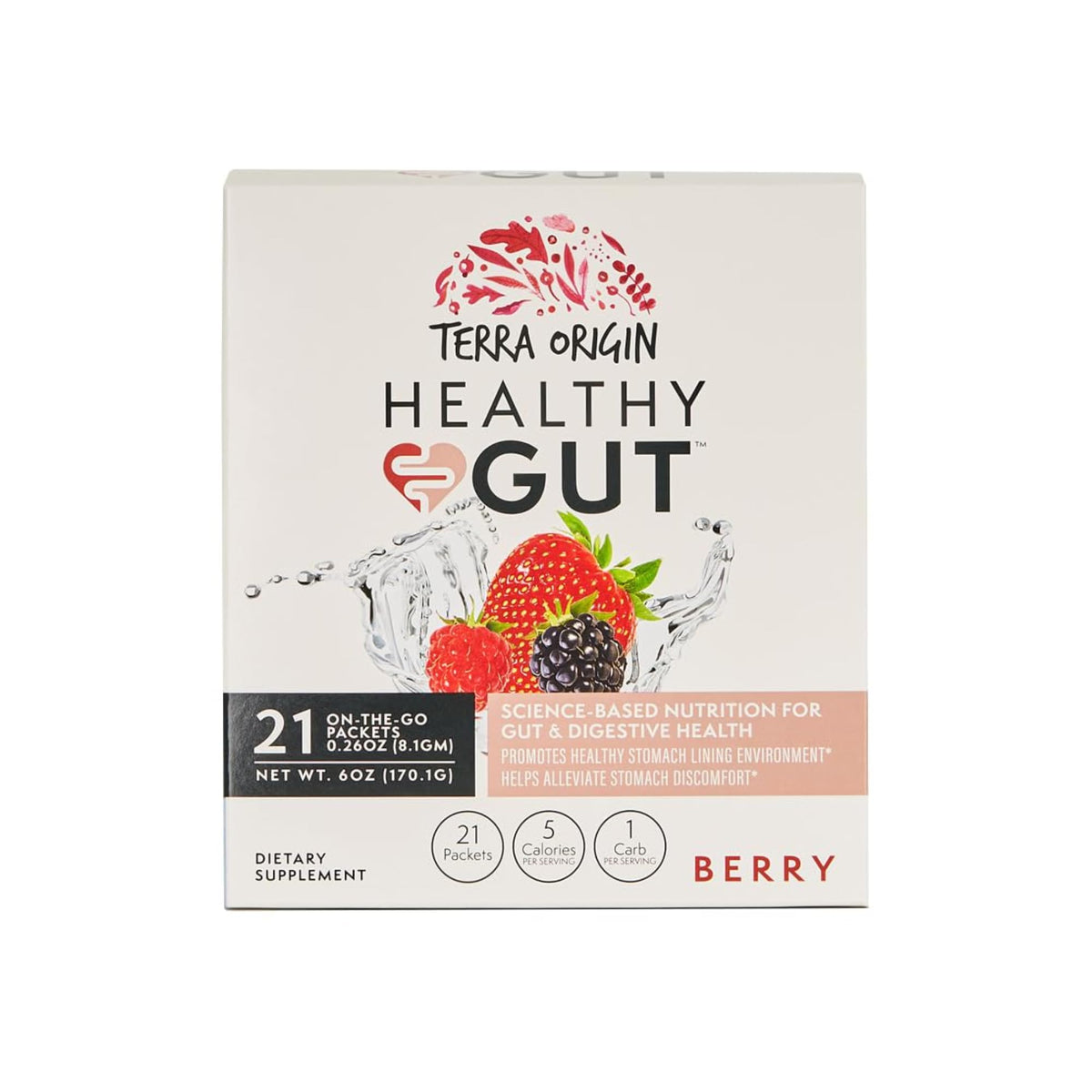Terra Origin Healthy Gut Stick Packs box front showing portable on-the-go digestive support.