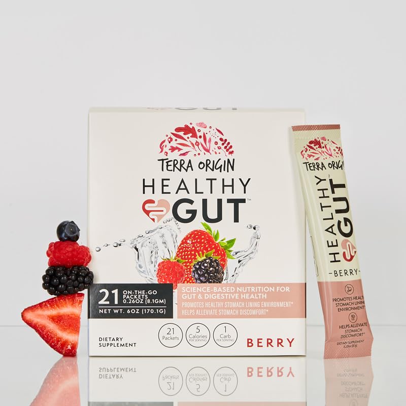 Open box of Terra Origin Healthy Gut Pack with sticks ready to mix into water.