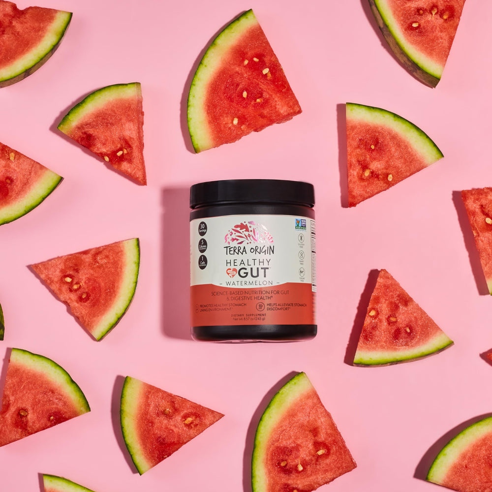 Terra Origin Healthy Gut Watermelon label close-up on a clean format.