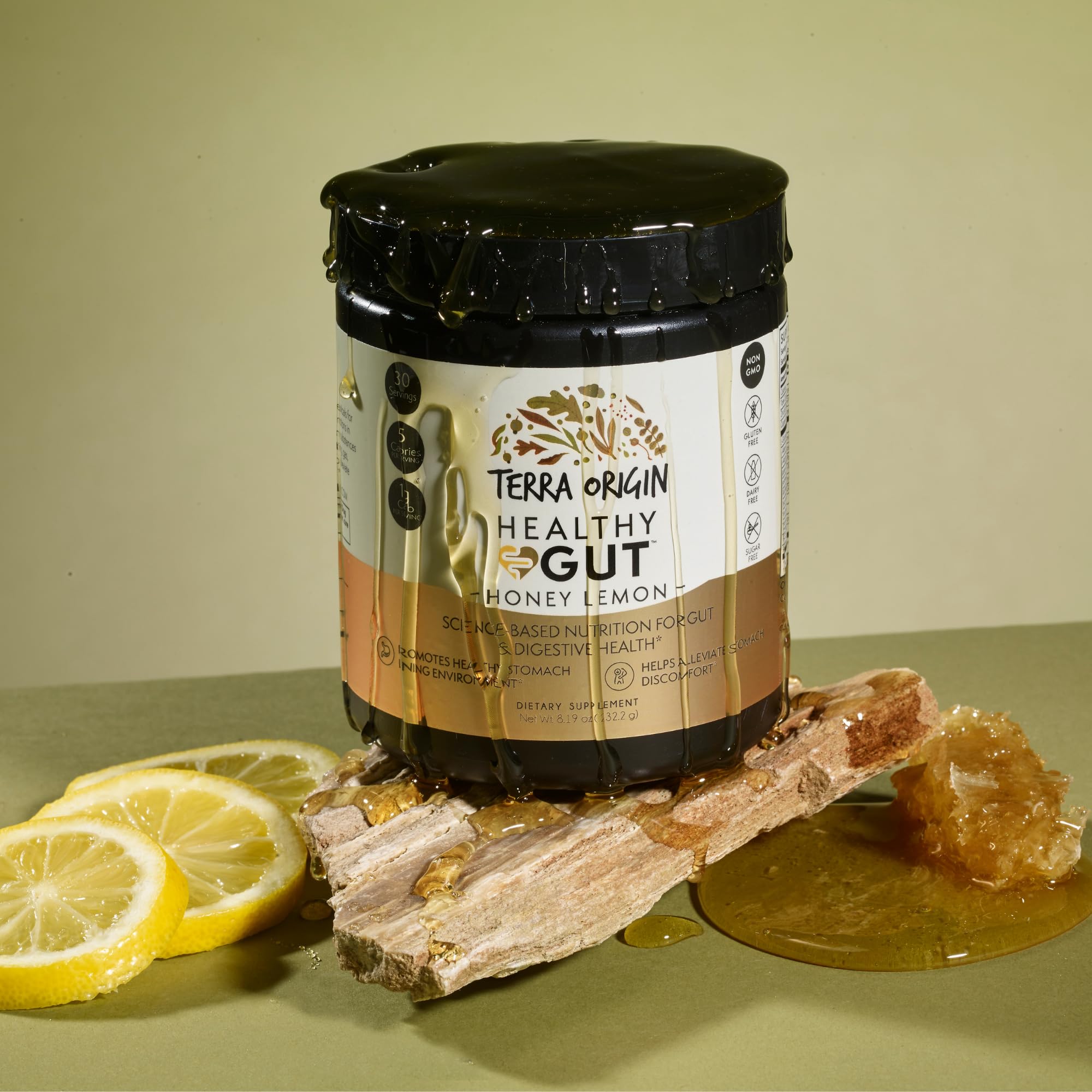 Terra Origin honey lemon packaging highlights tasty gut-friendly flavor