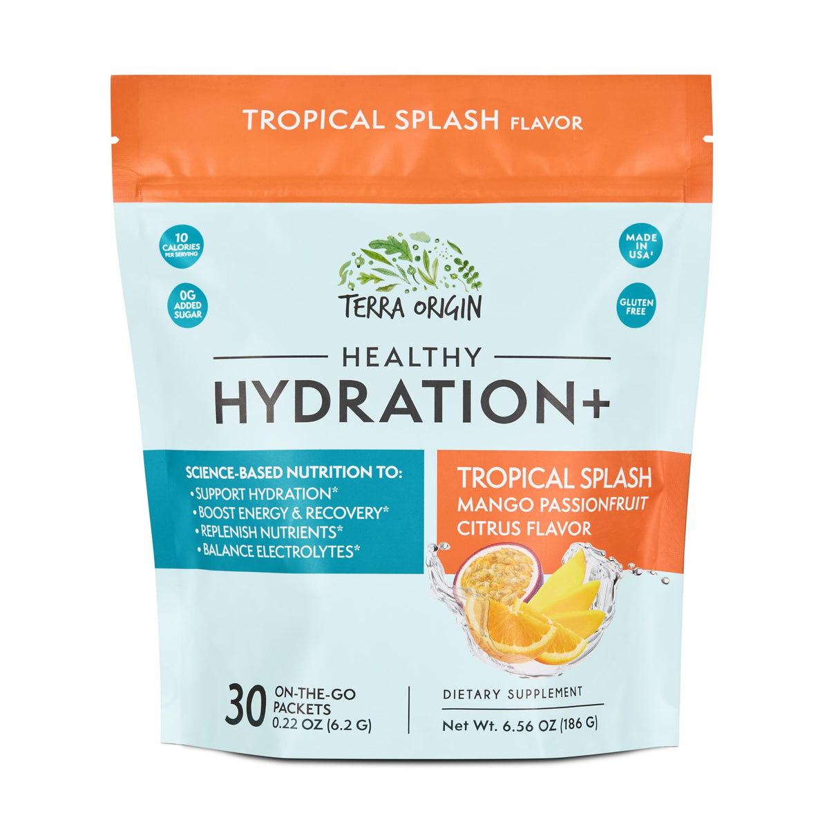 Terra Origin Tropical Splash hydration packets ready for on-the-go refreshment.