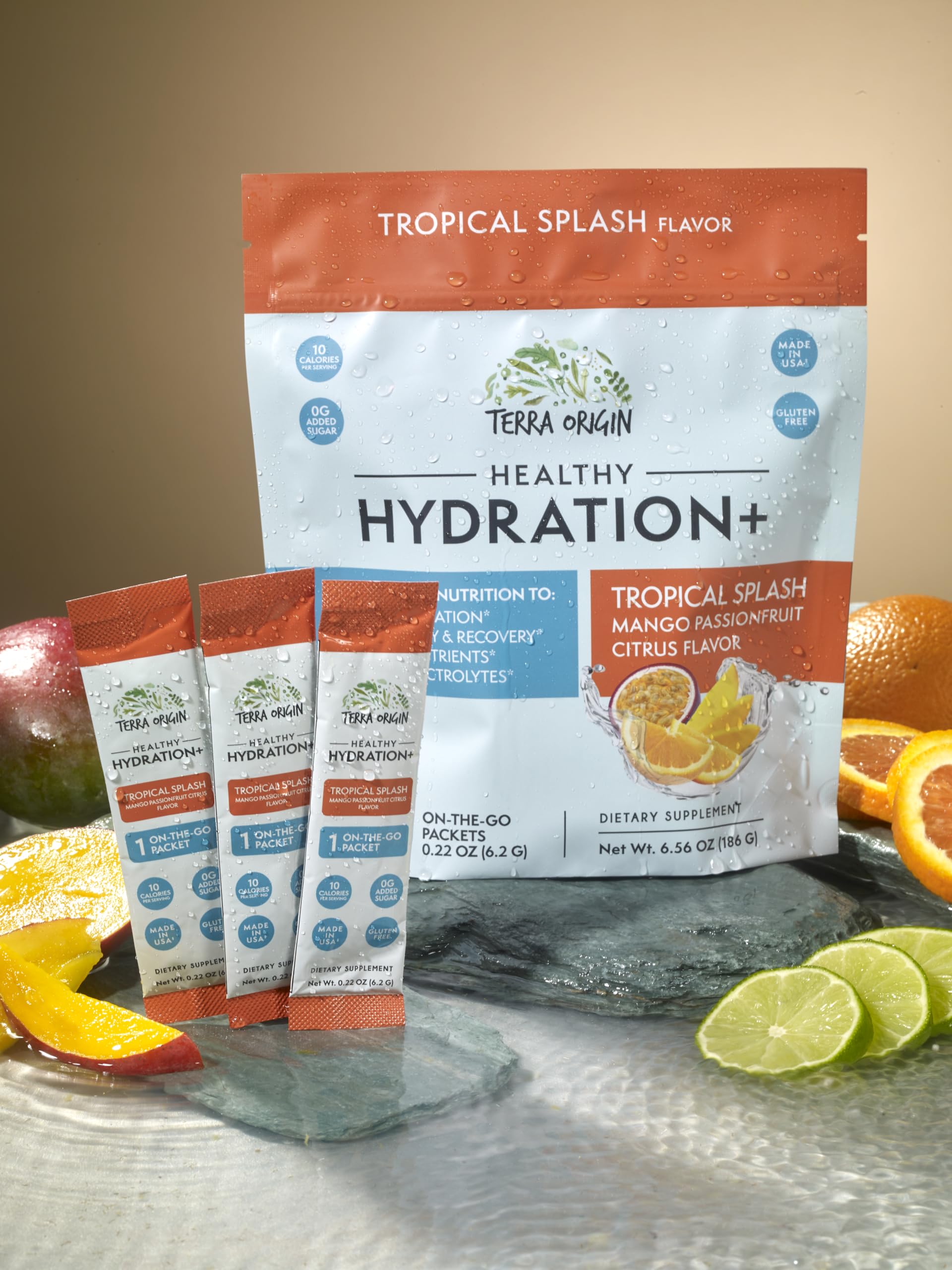 Terra-Origin packets beside a water bottle illustrate quick mix and hydration.