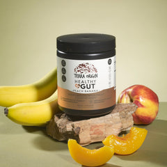 Terra Origin scoop of peach banana powder ready to mix for daily gut comfort.