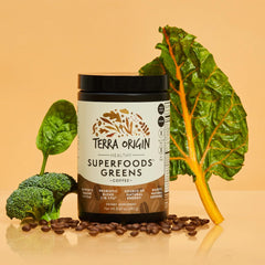 Terra Origin Greens Blend ingredients jar highlights chlorella and kale