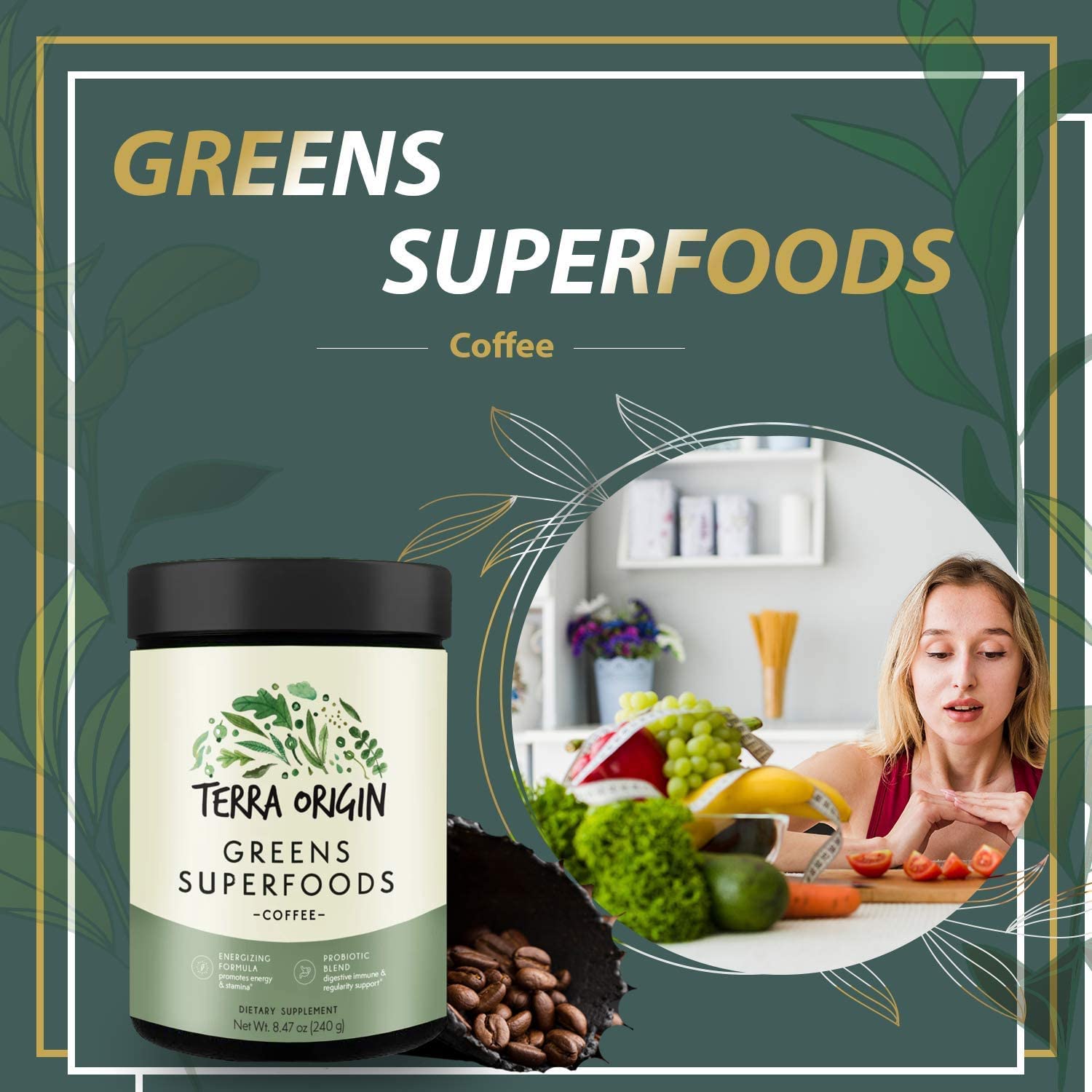 Terra Origin Greens Blend front package highlights gluten free and vegan features