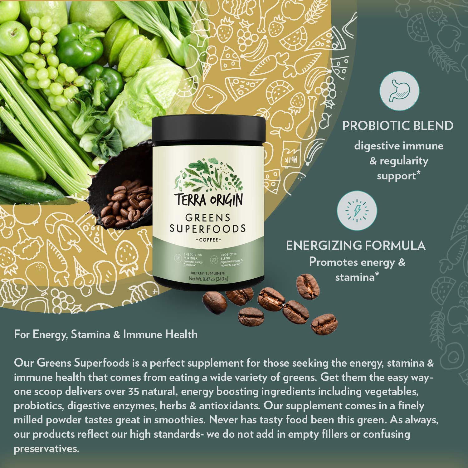 Terra Origin Greens Blend serving scoop demonstrates easy measurement