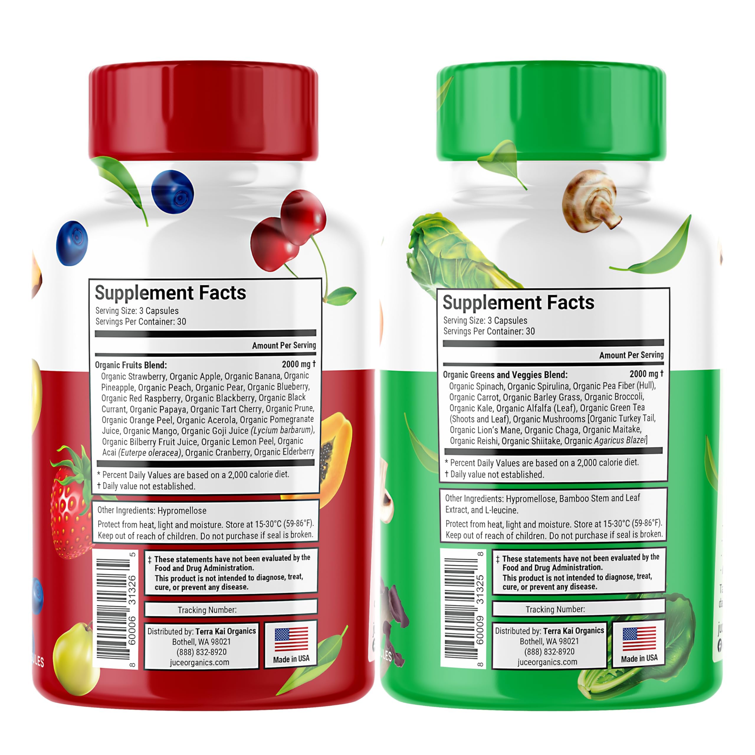 Terra Kai Juce bottle back shows vegan gluten free and non GMO features