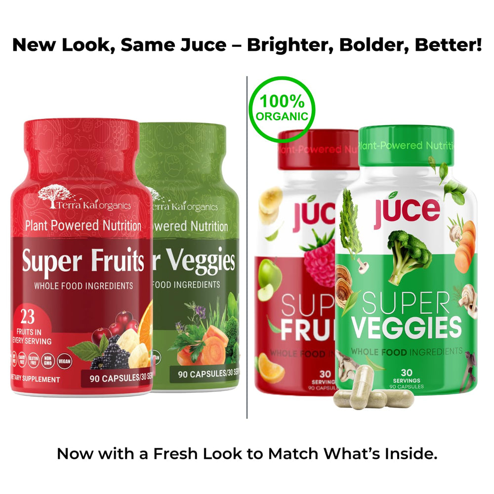 Terra Kai Juce label close up highlighting 46 ingredients for balanced nutrition