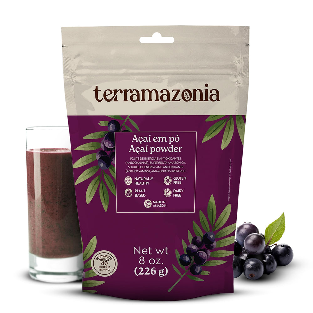 Terramazonia acai powder 8oz bag invites you to energize breakfasts.