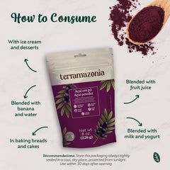 Terramazonia acai powder pour jar demonstrates easy addition to meals.