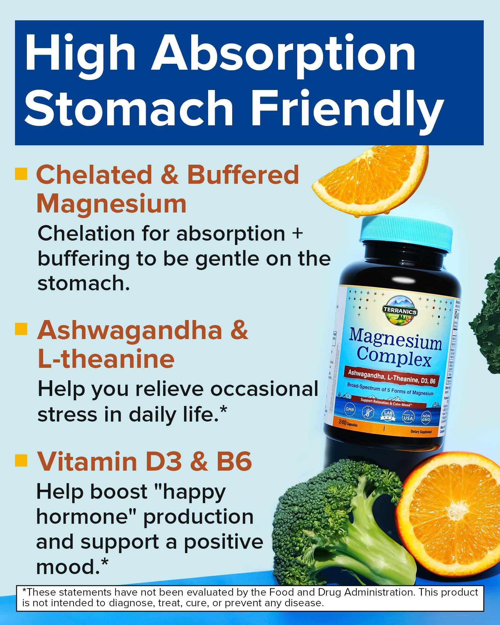 Terranics buffered chelated magnesium capsules shown for gentle daily use.