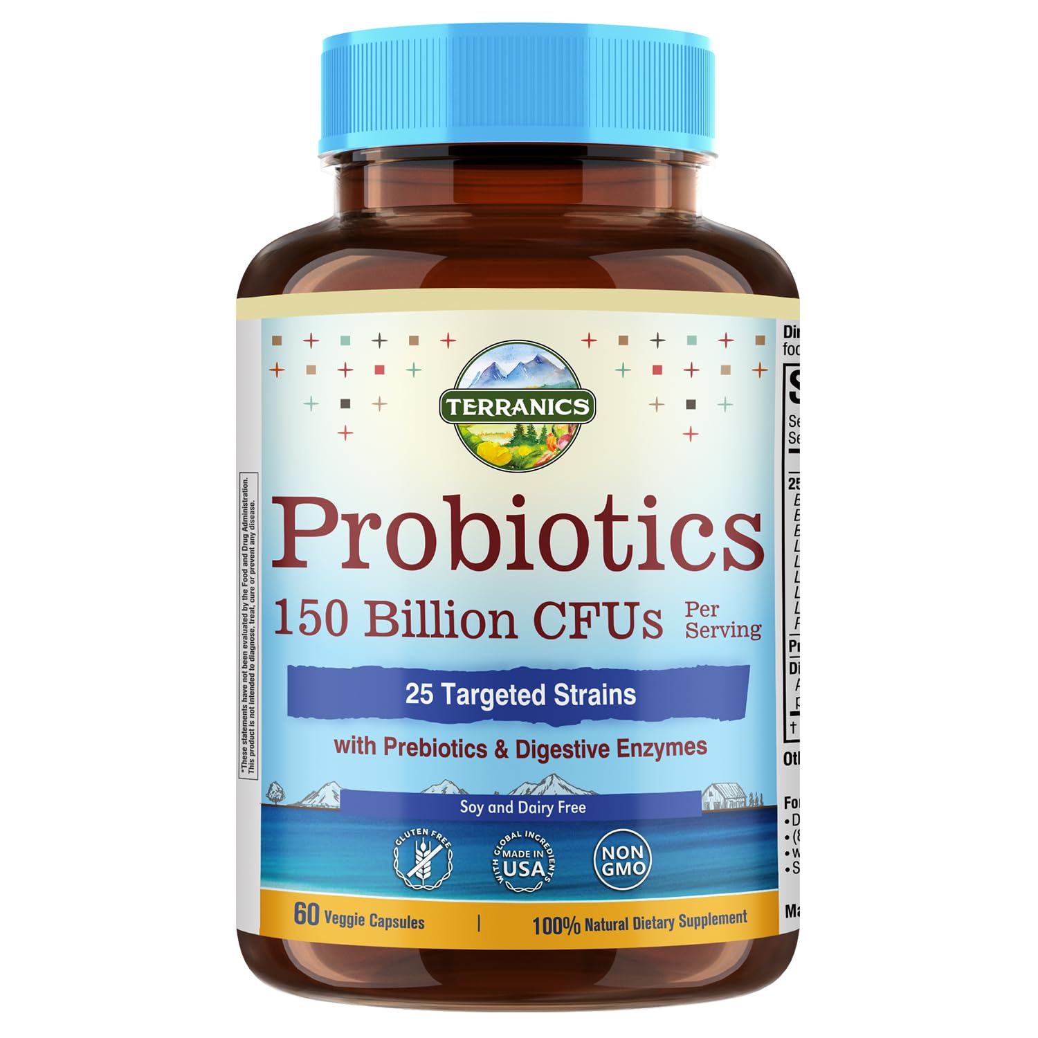 Terranics Daily Probiotics bottle with 150 Billion CFU for gut balance.
