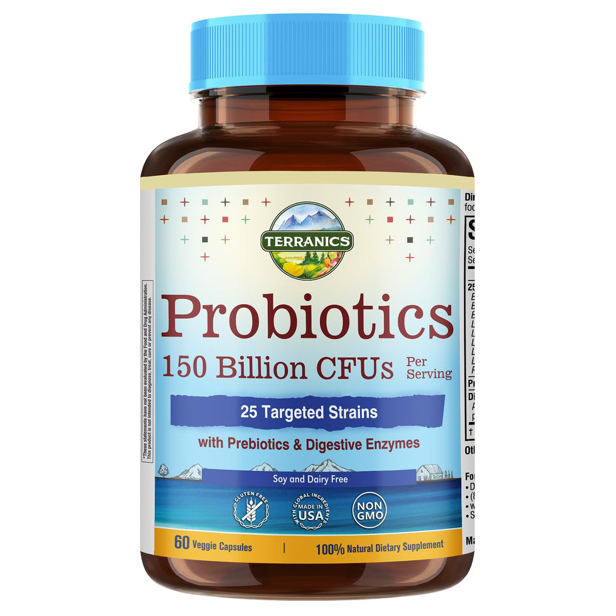 Terranics Daily Probiotics bottle with 150 Billion CFU for gut balance.