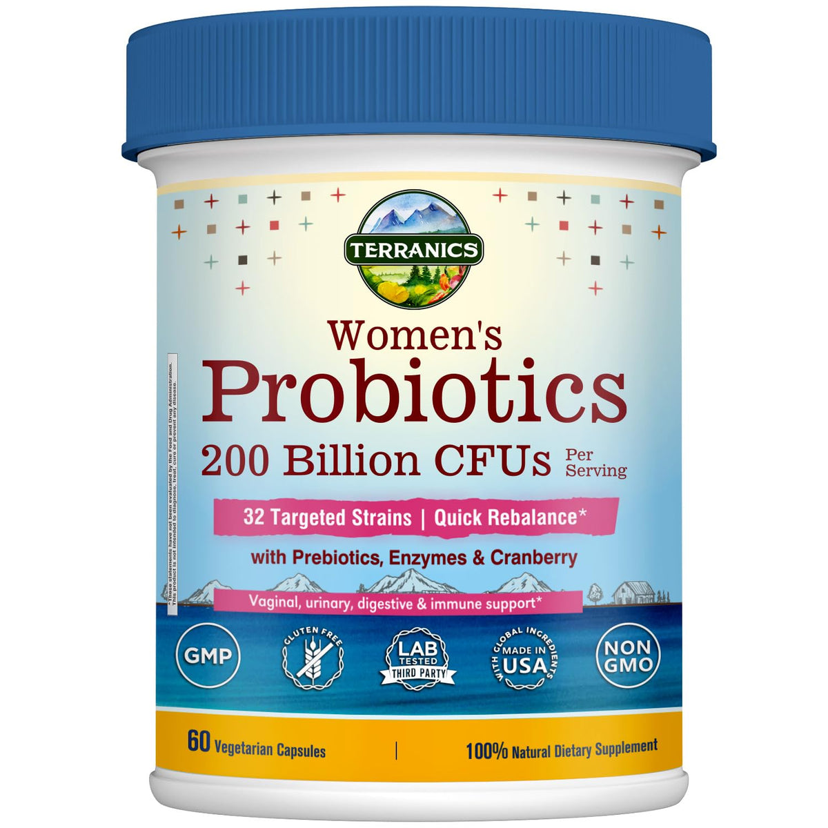 Terranics Daily Probiotics for Women bottle with 60 vegan capsules supports balanced gut and vaginal flora.