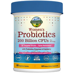 Terranics Daily Probiotics for Women bottle with 60 vegan capsules supports balanced gut and vaginal flora.