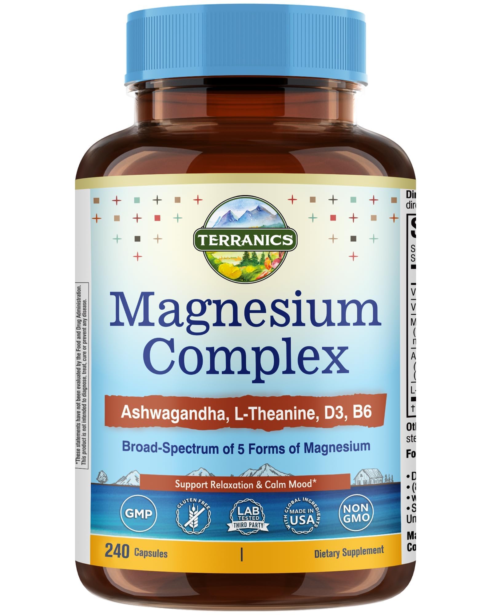 Terranics Magnesium Complex bottle highlighting five forms for daily wellness.
