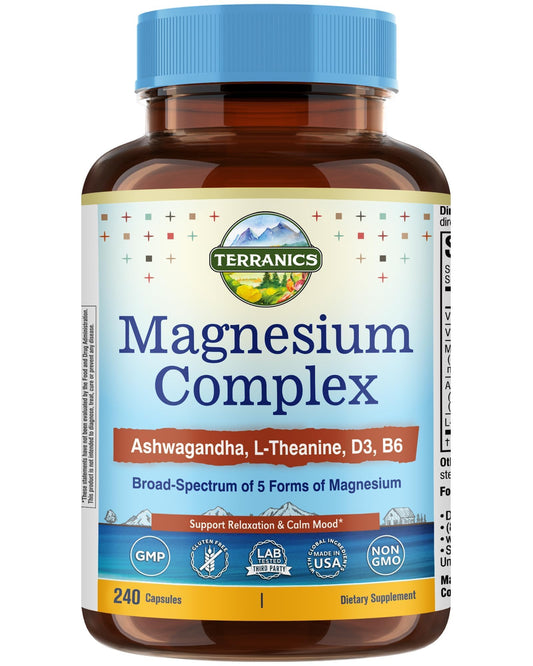 Terranics Magnesium Complex bottle highlighting five forms for daily wellness.