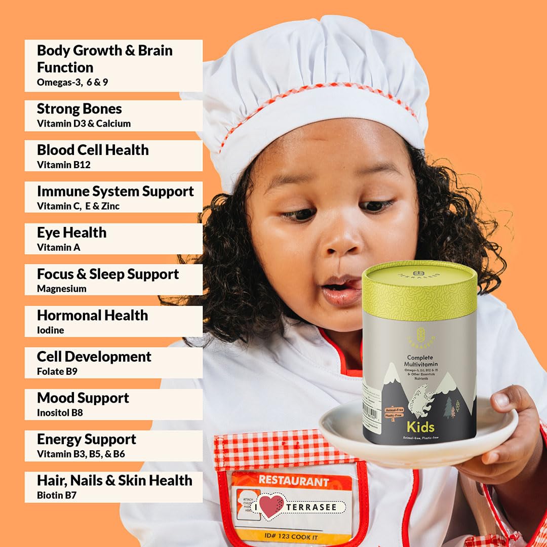 Biodegradable Terraseed packaging emphasizing eco-friendly vitamins for kids.