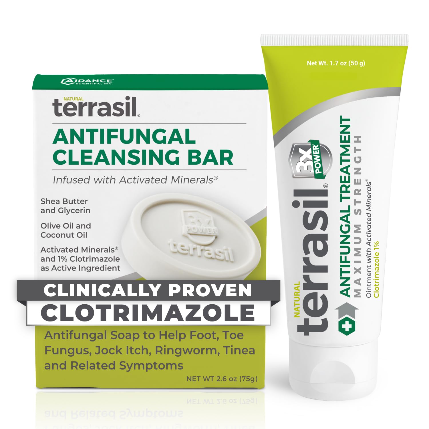 Terrasil antifungal cream tube close-up highlighting 1% clotrimazole for targeted relief.
