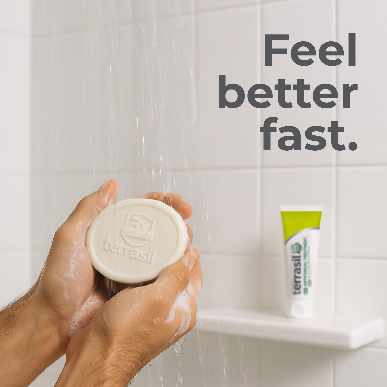 Terrasil antifungal soap lather illustrating daily cleansing for fungal care.