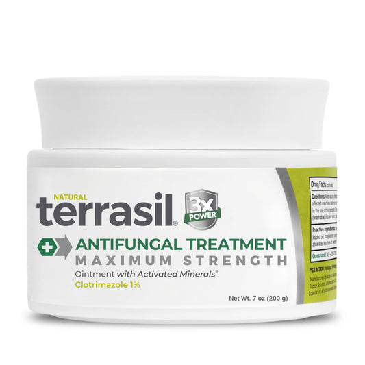 Terrasil Clotrimazole antifungal cream bottle shown for quick symptom relief.