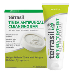 Terrasil Tinea Cream tube front view showing 1% clotrimazole formulation for targeted antifungal support.