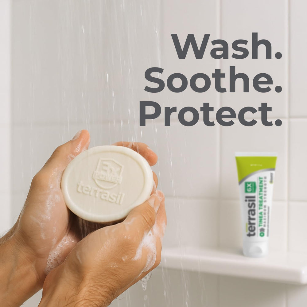 Terrasil Tinea Soap lather on skin demonstrating gentle cleansing action.