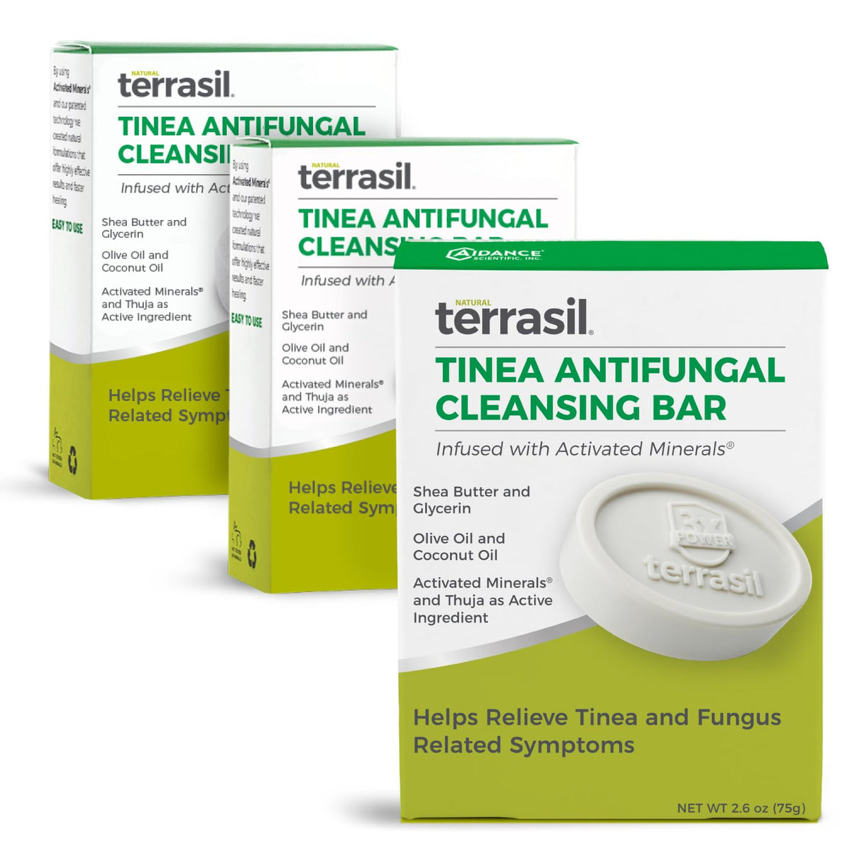 Terrasil Tinea Soap pack front, dermatologist-tested antifungal care for skin comfort