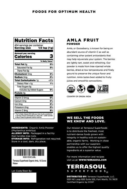 Terrasoul Amla Powder bag front highlighting organic, non-GMO sourcing