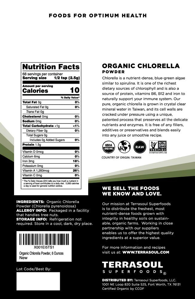 Terrasoul chlorella powder scoop beside bag, highlighting convenient daily use.