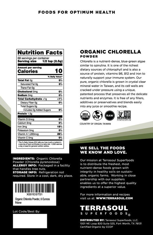 Terrasoul chlorella powder scoop beside bag, highlighting convenient daily use.