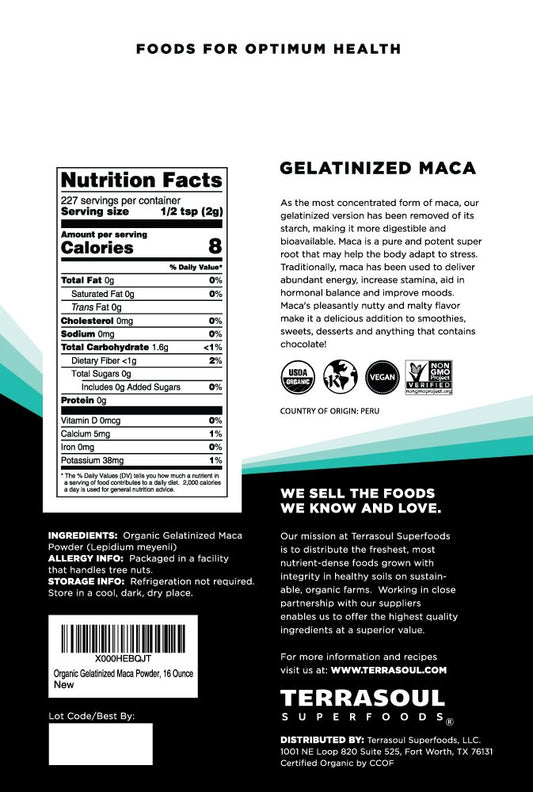 Terrasoul gelatinized-maca powder 16oz pouch pack of five ready for smoothies.