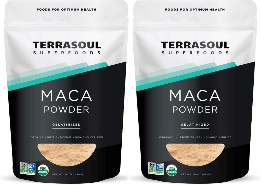 Terrasoul Gelatinized Maca Powder packaging shows organic quality and energy support.