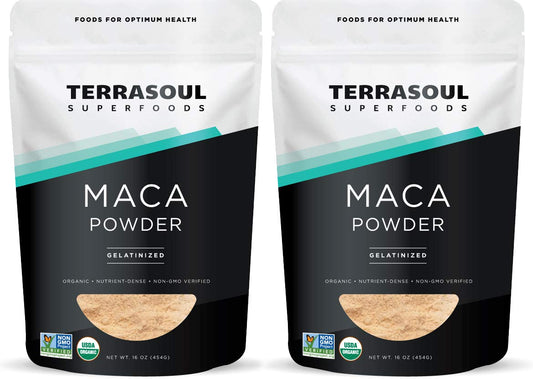 Terrasoul Gelatinized Maca Powder packaging shows organic quality and energy support.