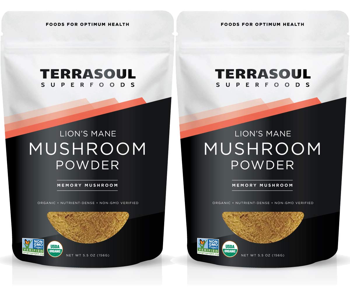 Terrasoul Lions Mane powder two-bags front view for convenient, organic daily supplementation.