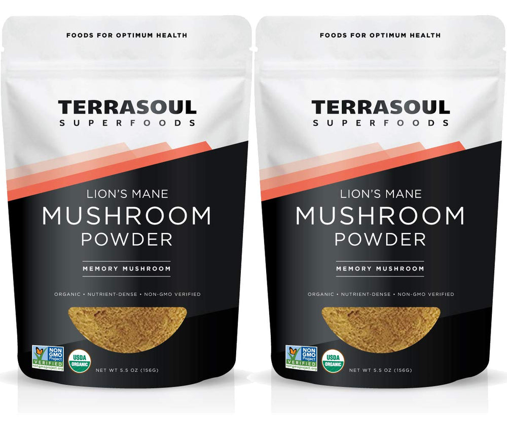 Terrasoul Lions Mane powder two-bags front view for convenient, organic daily supplementation.