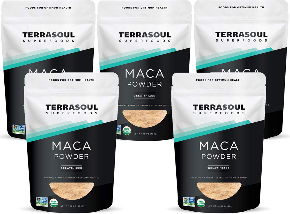 Terrasoul gelatinized maca powder 5lb packaging with five convenient pouches for easy use.