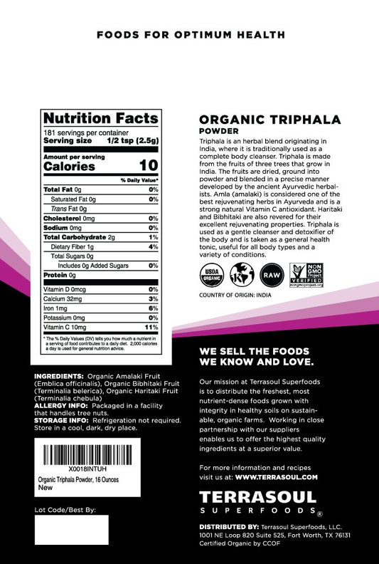 Terrasoul Organic Triphala Powder with scoop for convenient morning ritual.