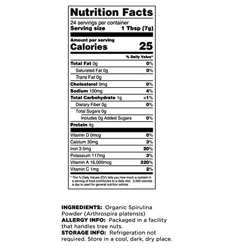 Terrasoul Spirulina Powder nutrition label shows organic, non-GMO credentials.
