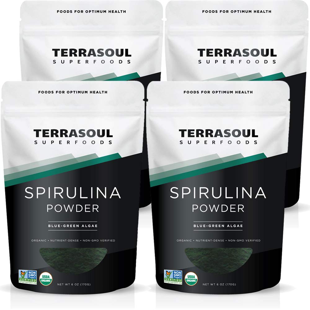 Terrasoul Spirulina Powder packaging case shows four resealable pouches for fresh storage.
