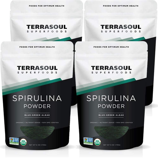 Terrasoul Spirulina Powder packaging case shows four resealable pouches for fresh storage.