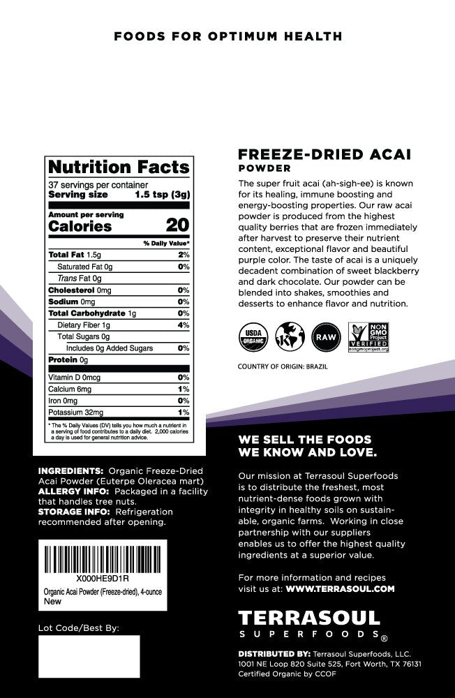 Terrasoul Superfoods acai powder in a bowl, vibrant and antioxidant-rich.
