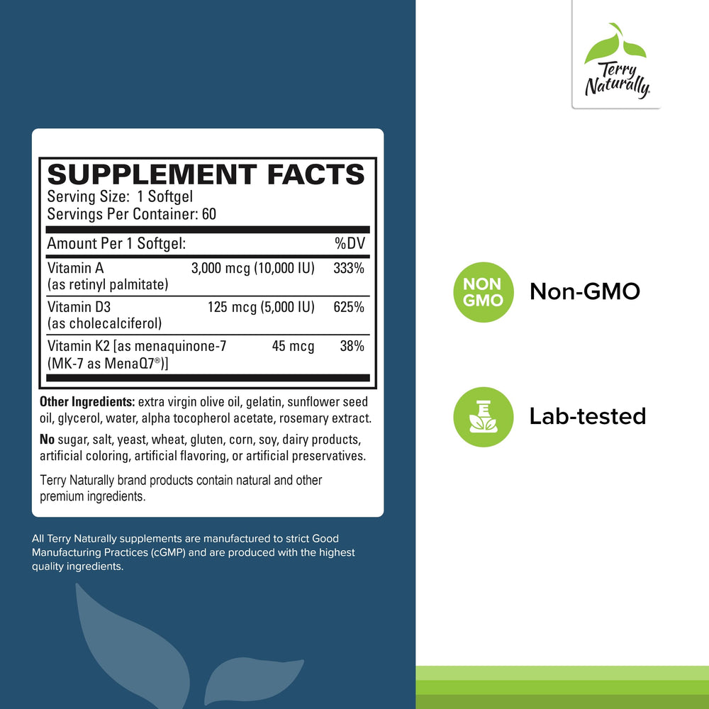 Terry Naturally A•D3•K2 close-up showing the softgels and vitamin blend.